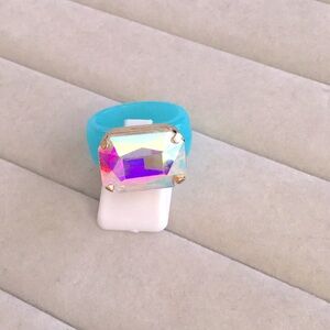 Electric Turquoise + Aurora Borealis Emerald Cut Crystal Statement Ring